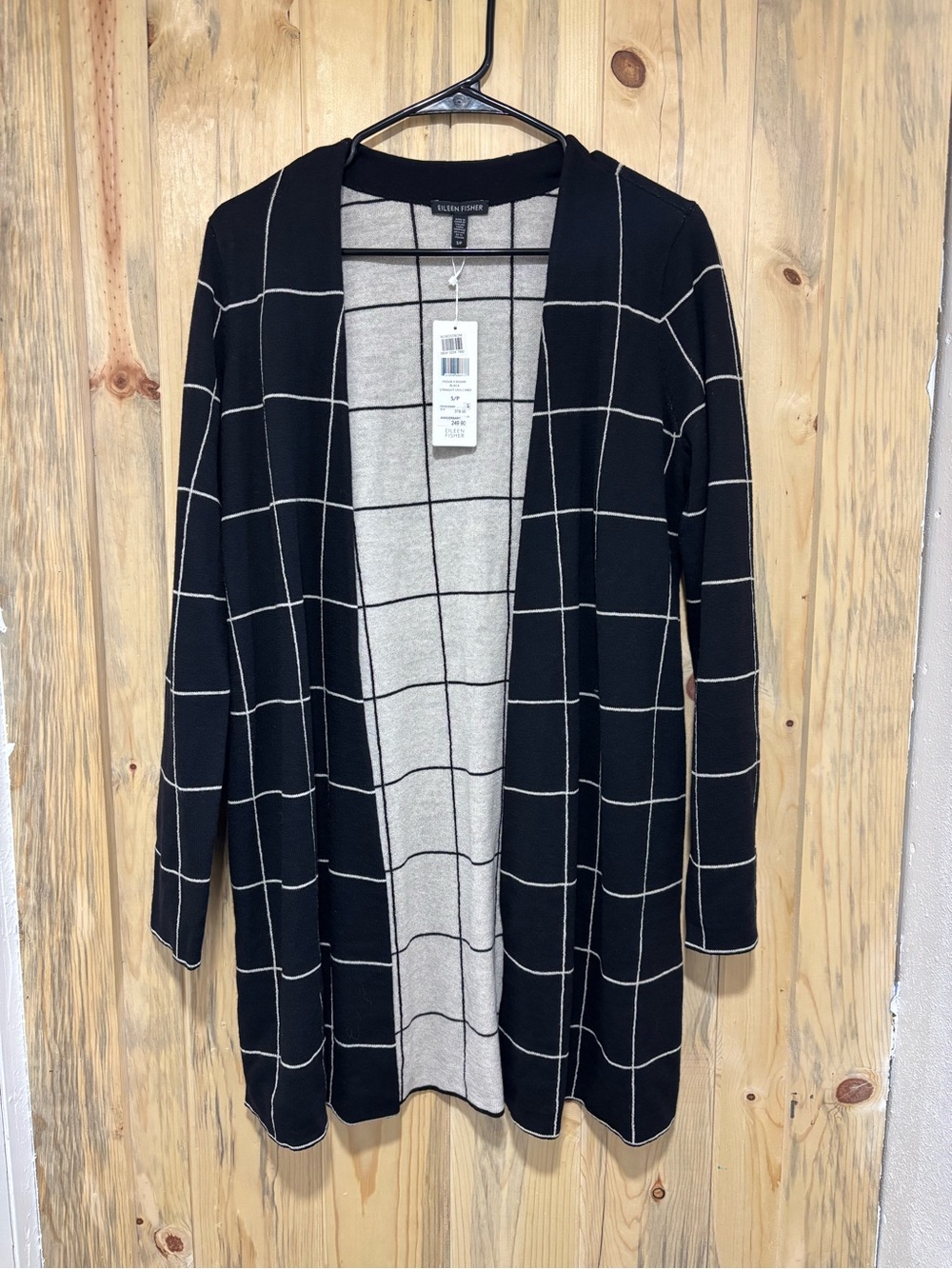 Eileen Fisher Black Cardigan with Cream Windowpane Grid